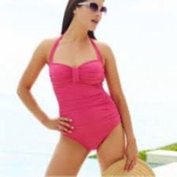 Tommy Bahama Size 12 Sweetheart Neck One Piece Swimsuit Hot Pink Halter Push Up - Picture 1 of 10